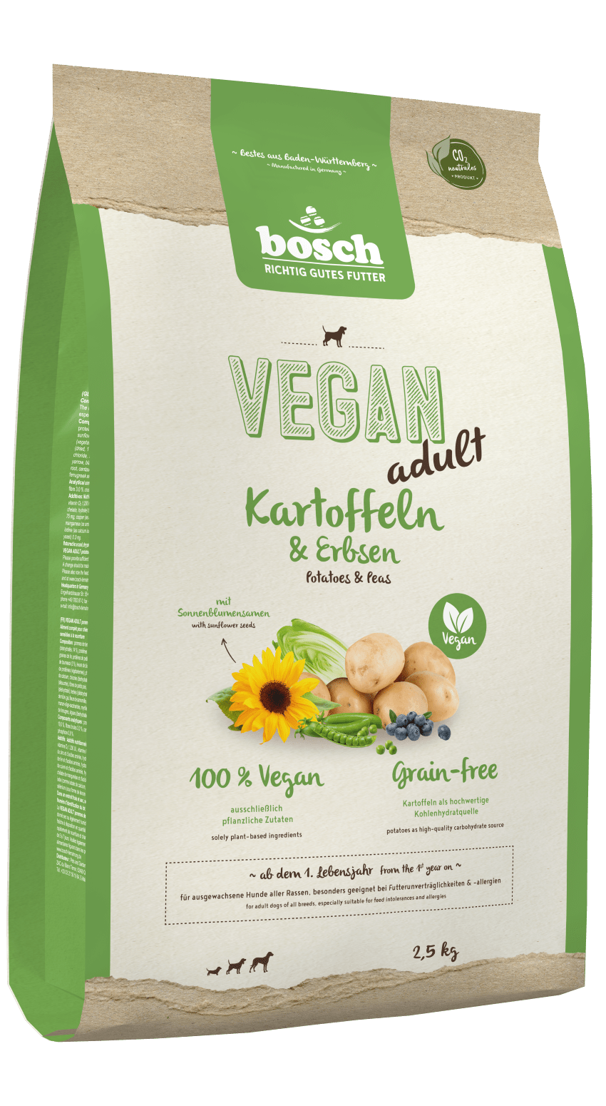 Artikel mit dem Namen Bosch Dog HPC Vegan Adult Kartoffel & Erbsen im Shop von zoo.de , dem Onlineshop für nachhaltiges Hundefutter und Katzenfutter.