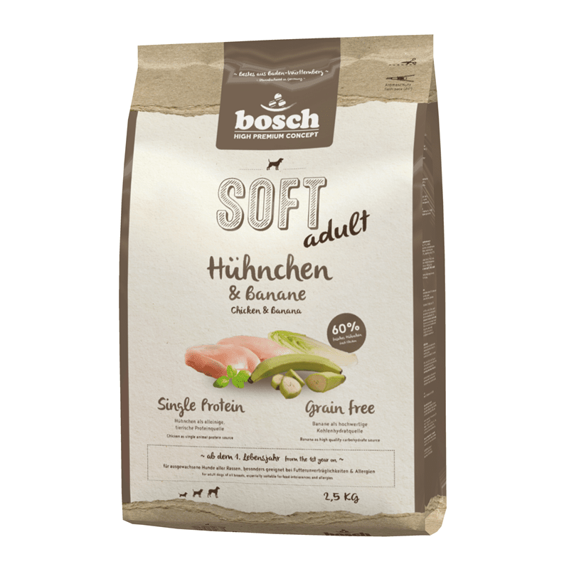 Artikel mit dem Namen Bosch HPC Soft Hühnchen & Banane im Shop von zoo.de , dem Onlineshop für nachhaltiges Hundefutter und Katzenfutter.