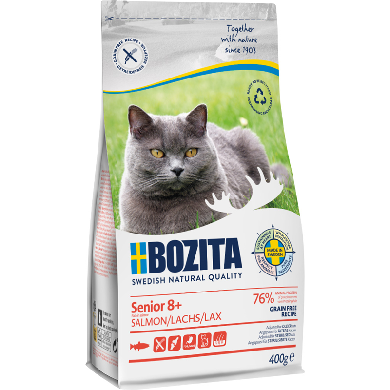 Artikel mit dem Namen Bozita Cat Senior 8+ Grain free mit Lachs im Shop von zoo.de , dem Onlineshop für nachhaltiges Hundefutter und Katzenfutter.