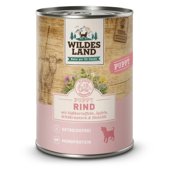 Wildes Land Hund Puppy Rind mit Süßkartoffel, Apfel und Wildkräutern