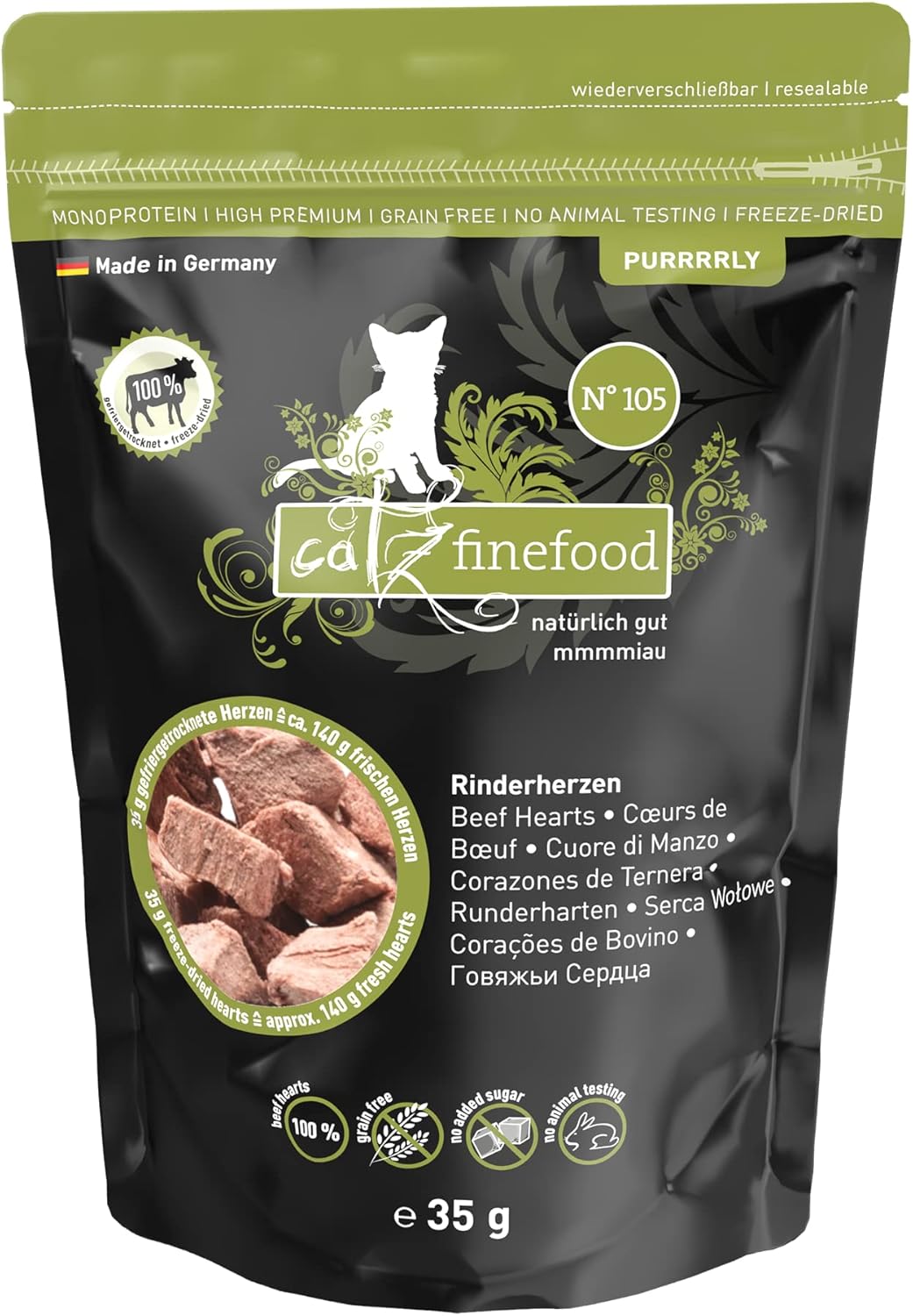 Artikel mit dem Namen Catz finefood Purrrrly No.105 Rinderherzen im Shop von zoo.de , dem Onlineshop für nachhaltiges Hundefutter und Katzenfutter.