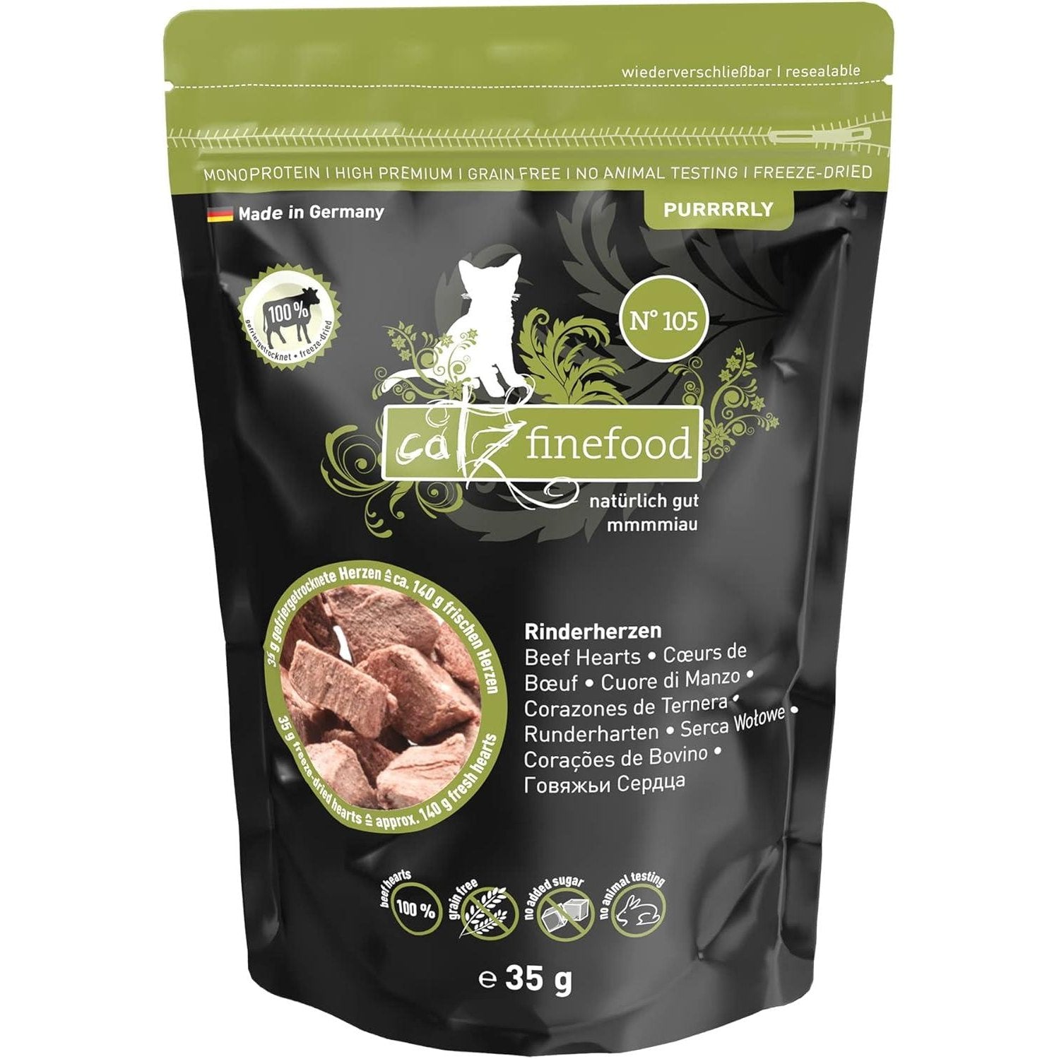 Artikel mit dem Namen Catz finefood Purrrrly No.105 Rinderherzen im Shop von zoo.de , dem Onlineshop für nachhaltiges Hundefutter und Katzenfutter.