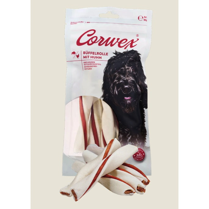 Corwex Hund Büffelrolle mit Huhn, Verpackung mit Produkt