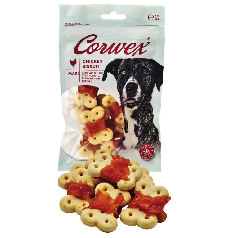 Corwex Hund Chicken Biskuit BIG, Verpackung mit Produkt