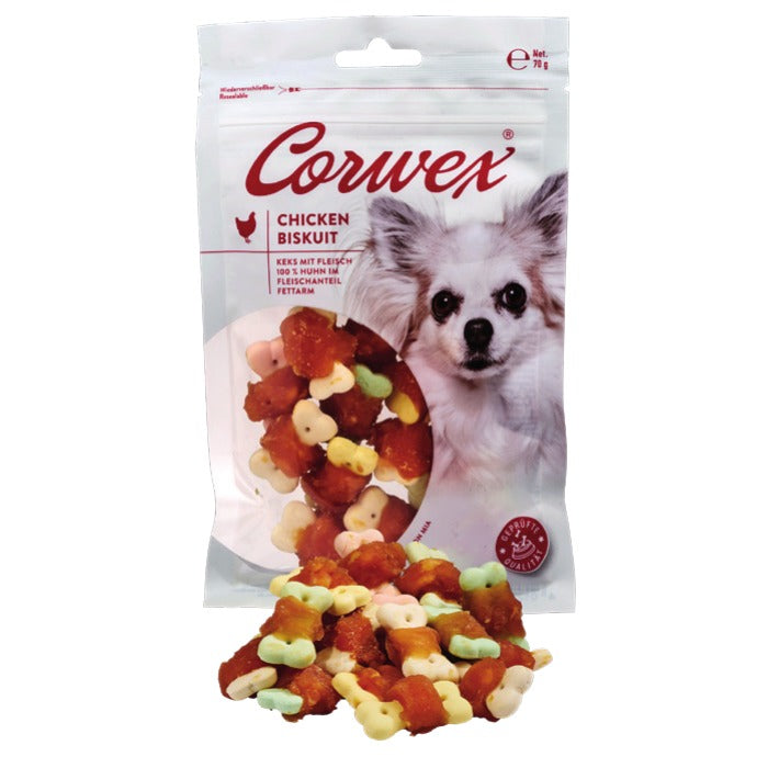 Corwex Hund Chicken Biskuit, Verpackung mit Produkt