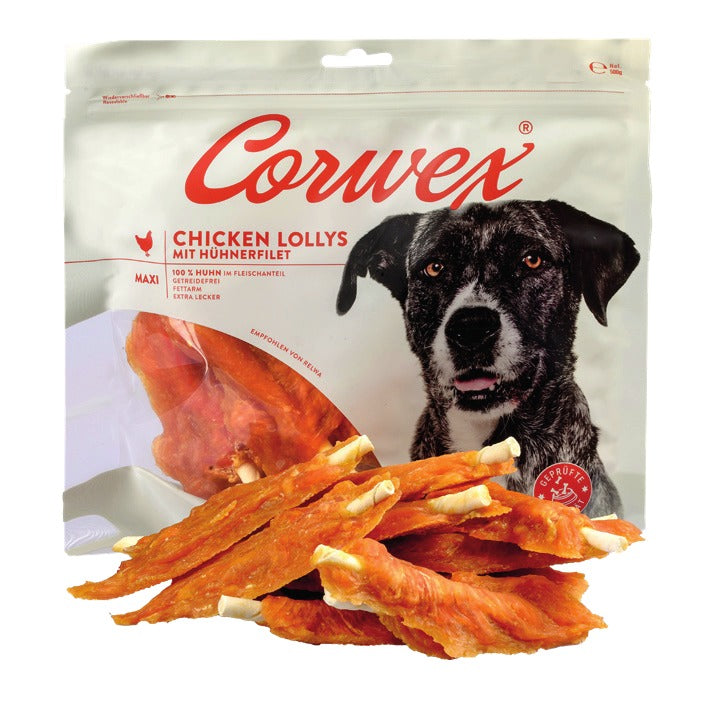 Corwex Hund Chicken Lolly, Verpackung mit Produkt