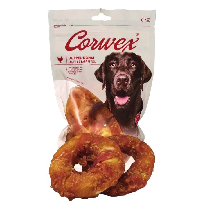 Corwex Hund Doppel-Donut im Filetmantel, Verpackung mit Produkt
