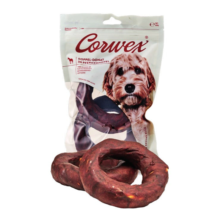 Corwex Hund Doppel-Donut im Pferdemantel, Verpackung mit Produkt