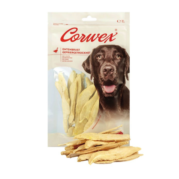 Corwex Hund Entenbrust gefriergetrocknet, Verpackung mit Produkt
