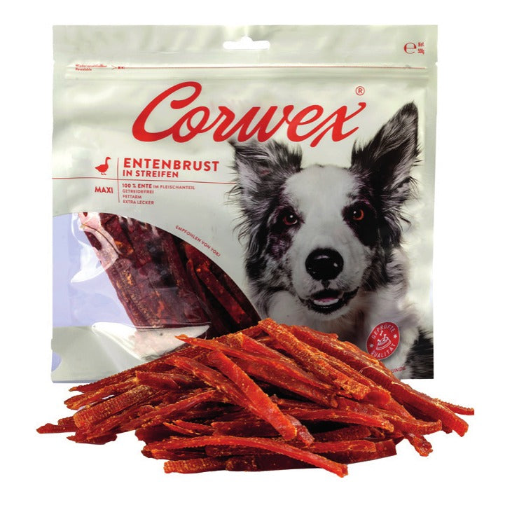 Corwex Hund Entenbrust in Streifen, Verpackung mit Produkt