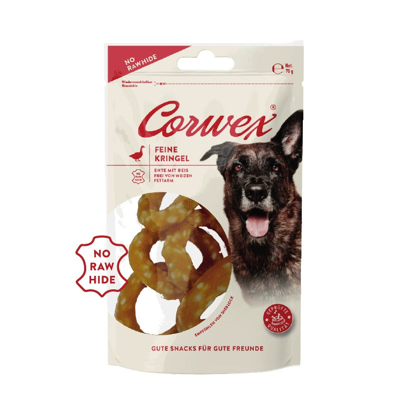 Corwex Hund Feine Kringel Ente mit Reis, Verpackung mit Produkt