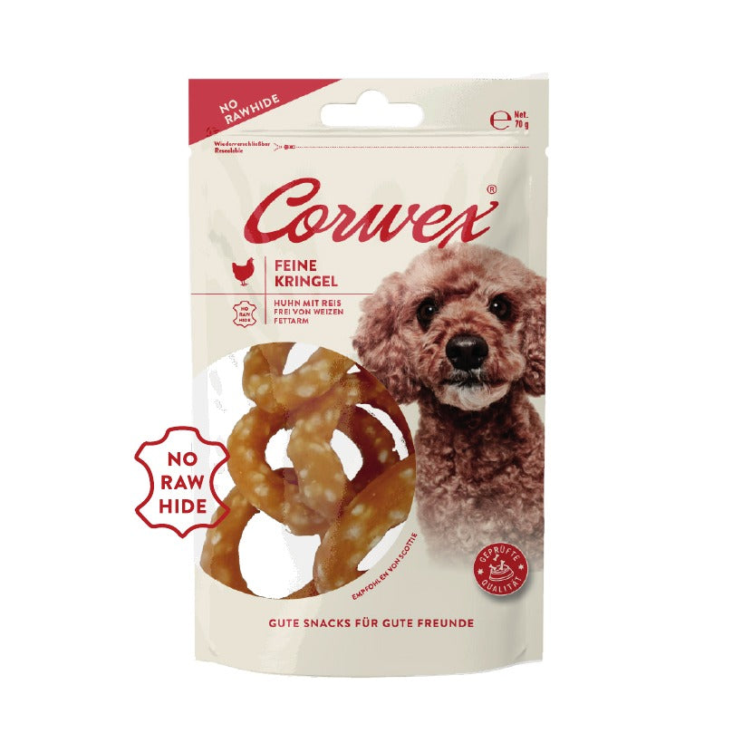 Corwex Hund Feine Kringel Huhn mit Reis, Verpackung mit Produkt