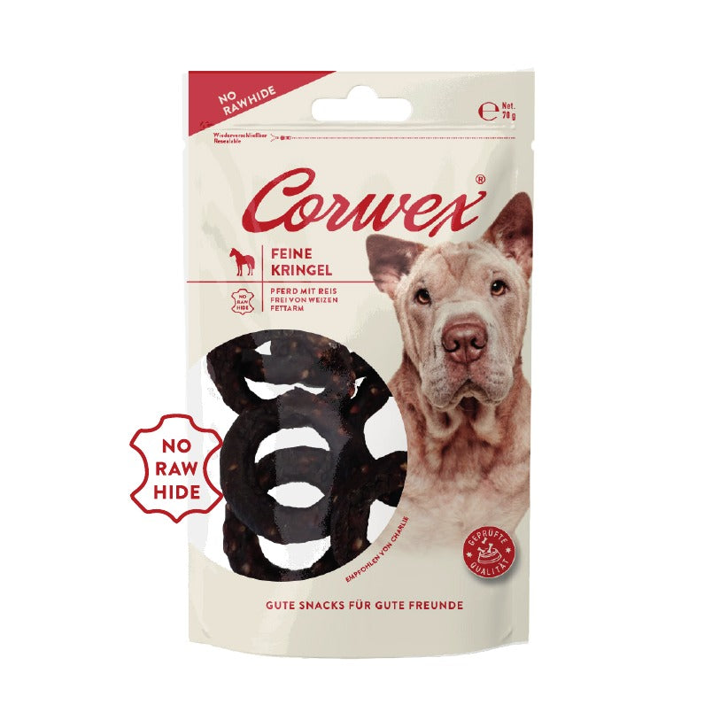 Corwex Hund Feine Kringel Pferd mit Reis, Verpackung mit Produkt
