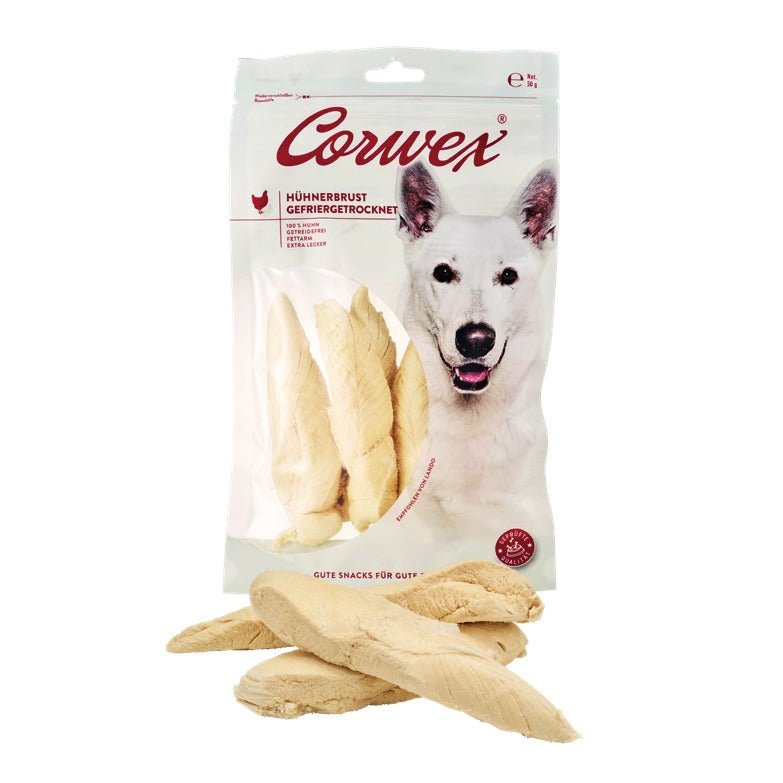 Corwex Hund Hühnerbrust gefriergetrocknet, Verpackung mit Produkt
