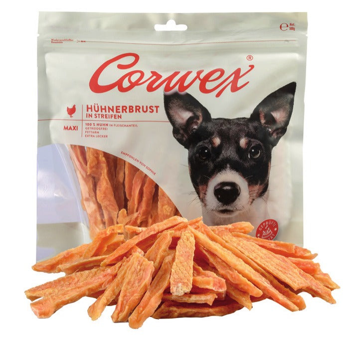 Corwex Hund Hühnerbrust in Streifen, Verpackung mit Produkt