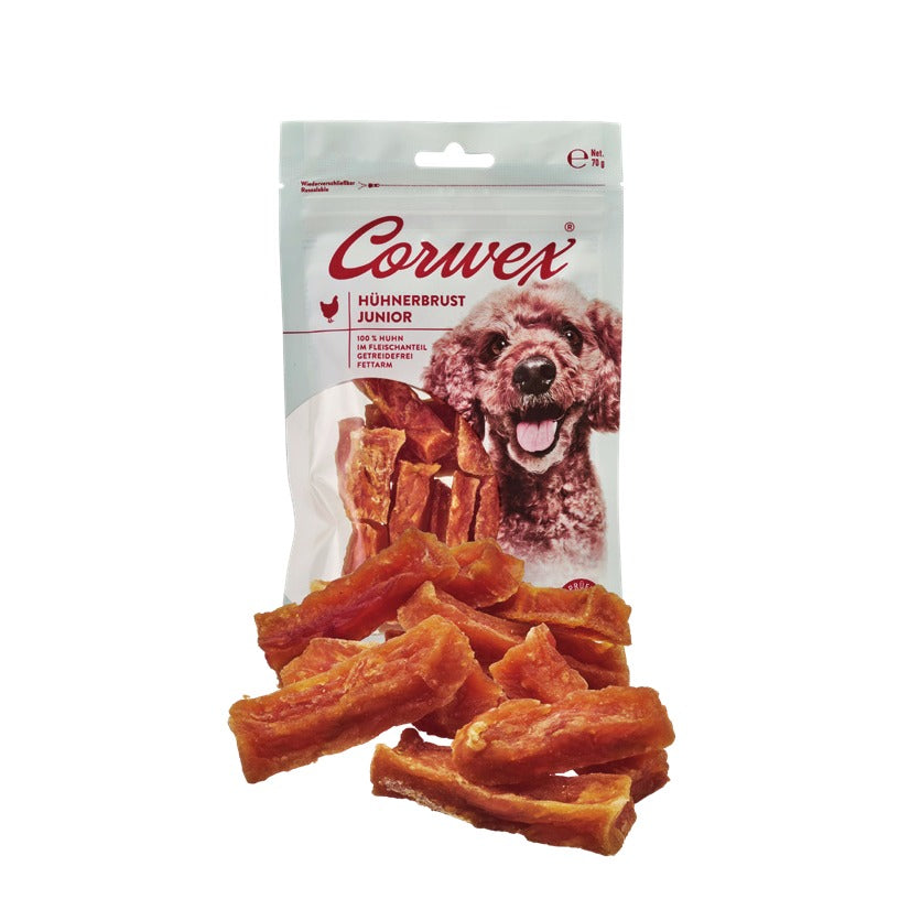 Corwex Hund Hühnerbrust Junior, Verpackung mit Produkt
