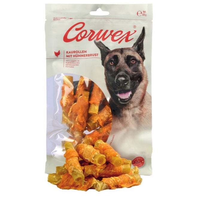 Corwex Hund Hühnerbrust Kaurolle, Verpackung mit Produkt