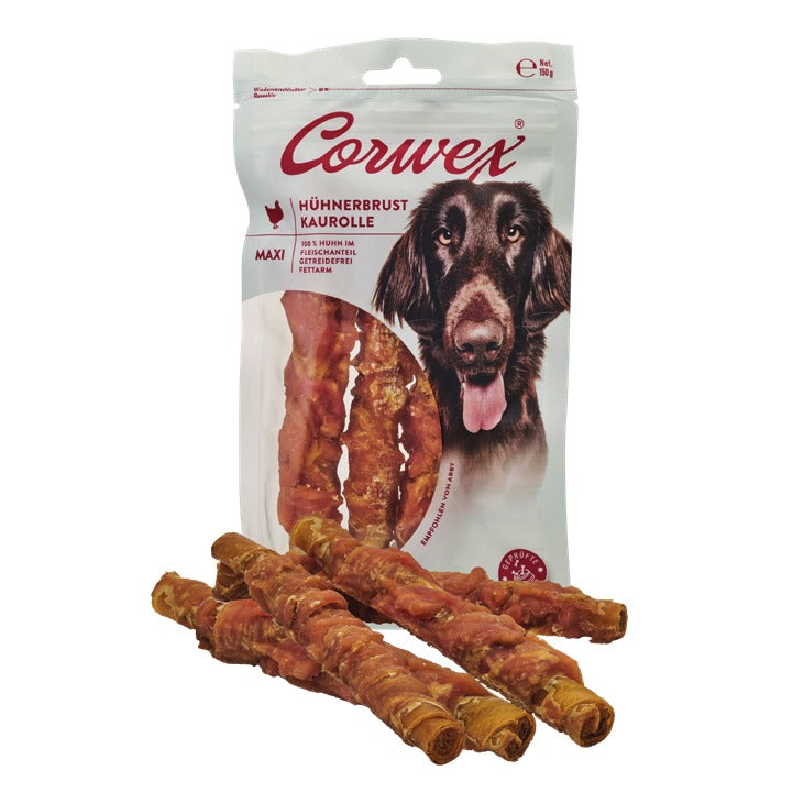 Corwex Hund Hühnerbrust Maxi-Kaurolle (3er-Pack), Verpackung mit Produkt