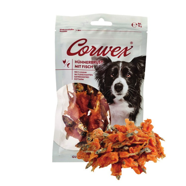 Corwex Hund Hühnerbrust mit Fisch, Verpackung mit Produkt
