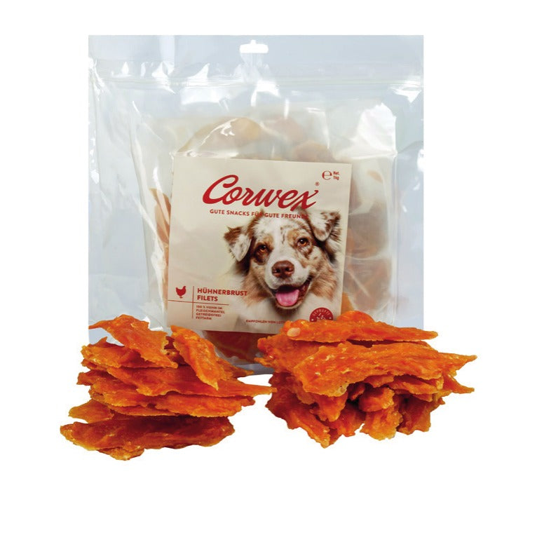 Corwex Hund Hühnerbrustfilet Großpack, Verpackung mit Produkt