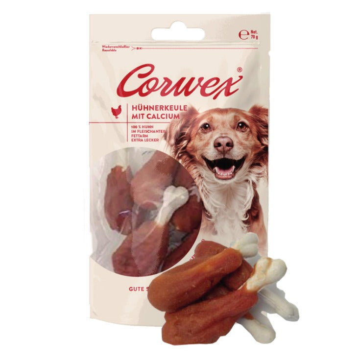 Corwex Hund Hühnerkeule mit Calcium, Verpackung mit Produkt