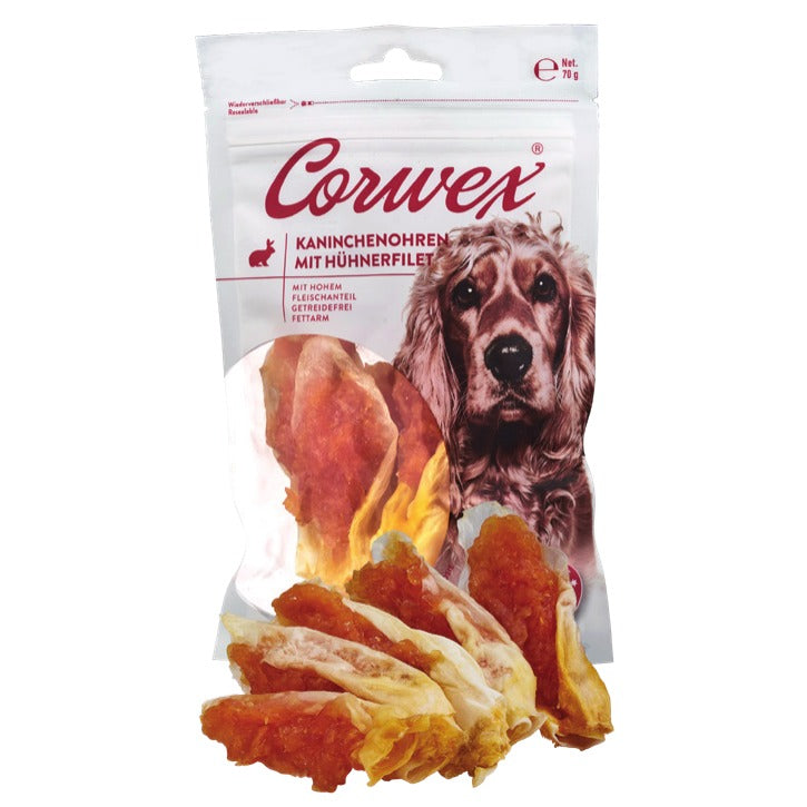 Corwex Hund Kaninchenohren mit Hühnerfilet, Verpackung mit Produkt