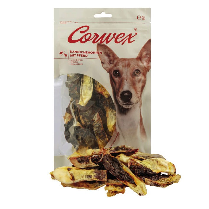 Corwex Hund Kaninchenohren mit Pferd, Verpackung mit Produkt