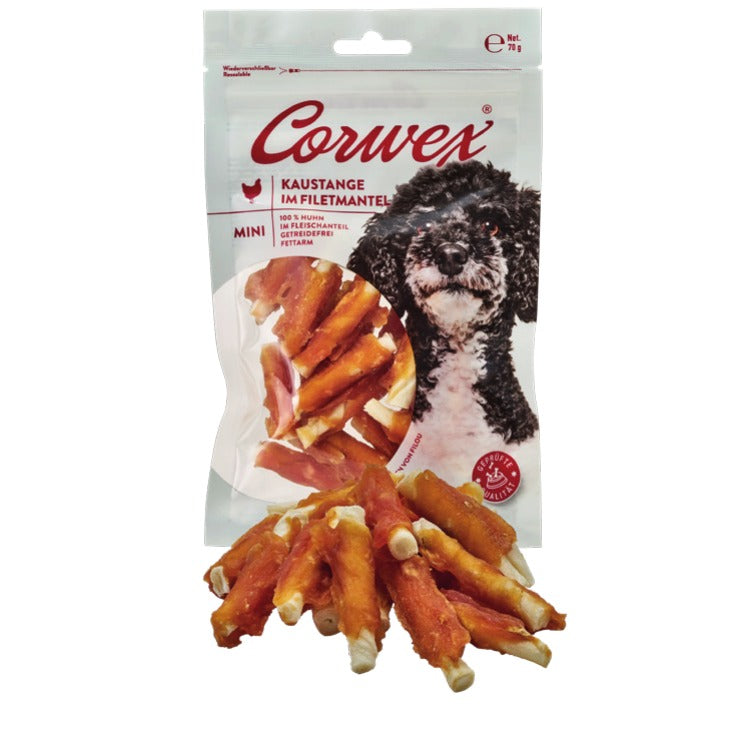 Corwex Hund Kaustange im Filetmantel Mini, Verpackung mit Produkt