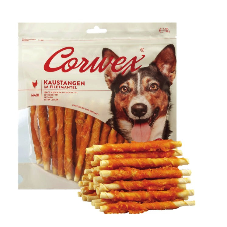 Corwex Hund Kaustange im Filetmantel, Verpackung mit Produkt