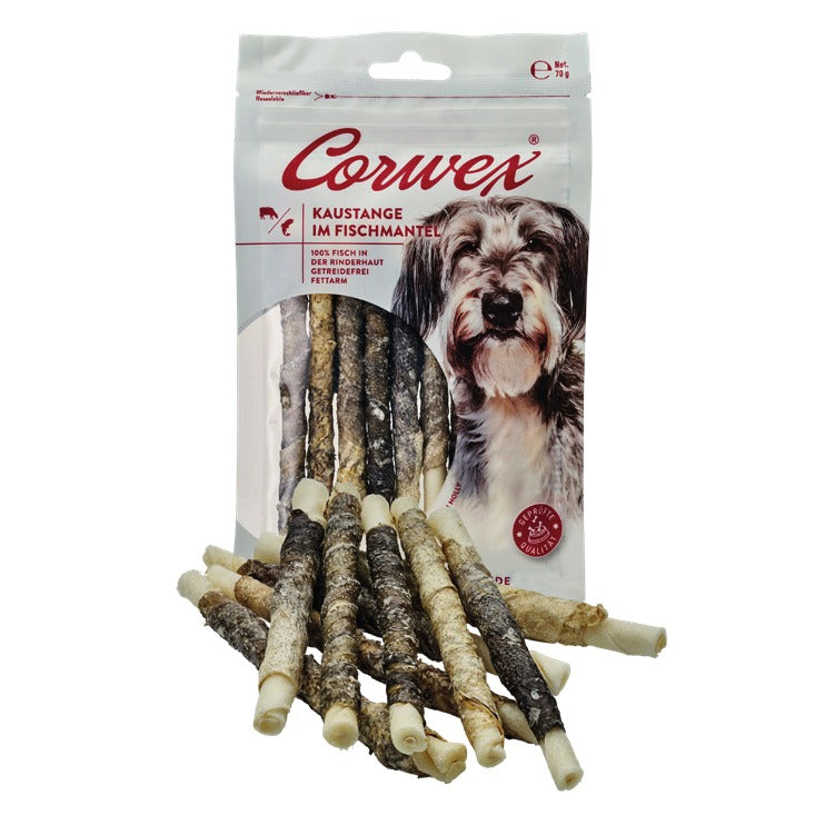 Corwex Hund Kaustange im Fischmantel, Verpackung mit Produkt