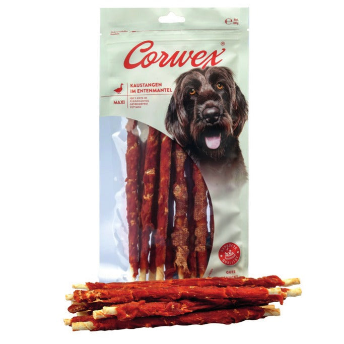 Corwex Hund Kaustange MAXI im Entenmantel, Verpackung mit Produkt