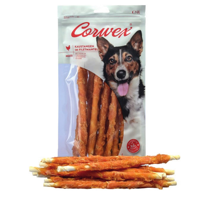 Corwex Hund Kaustange MAXI im Filetmantel, Verpackung mit Produkt