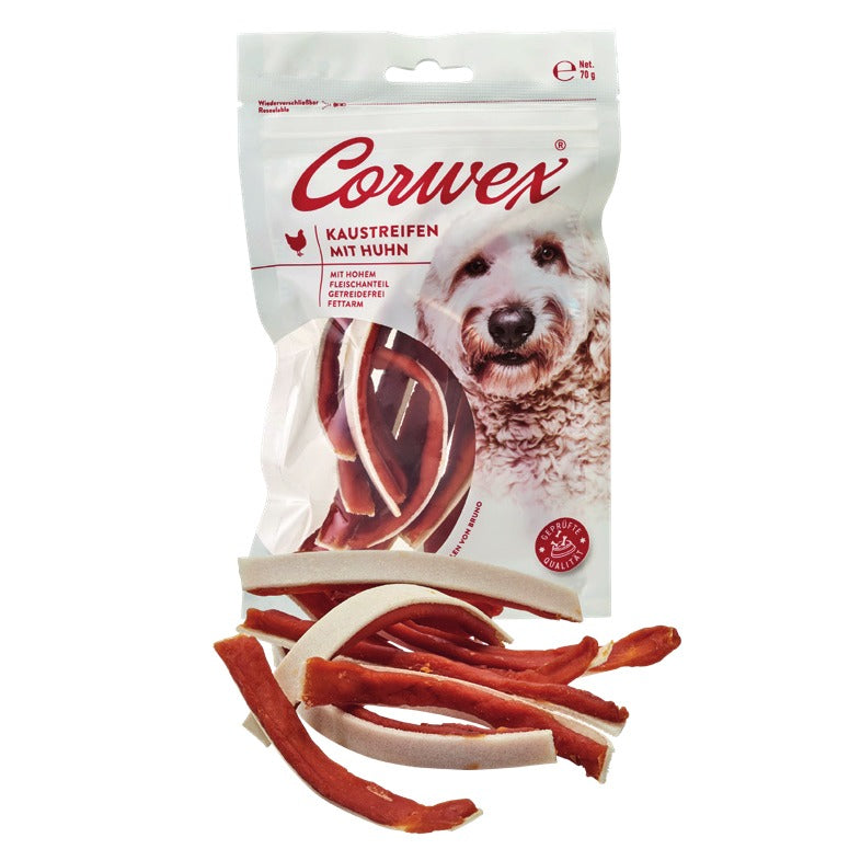 Corwex Hund Kaustreifen mit Huhn, Verpackung mit Produkt