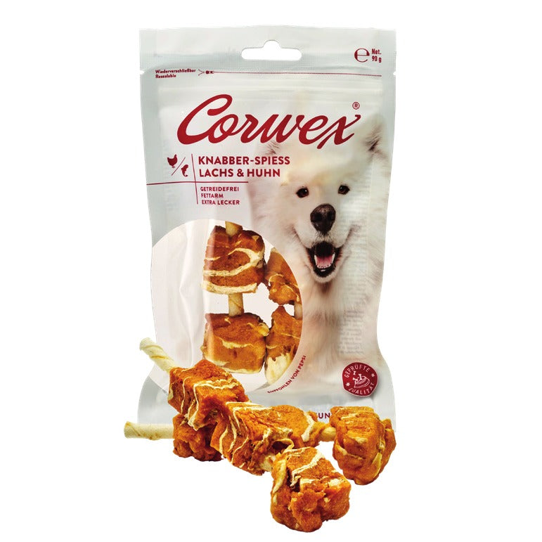 Corwex Hund Knabber-Spieß mit Lachs und Huhn, Verpackung mit Produkt