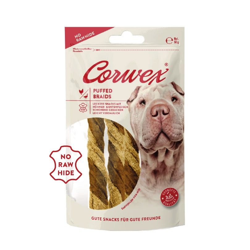 Corwex Hund Puffed Braids Huhn &amp; Ente, Verpackung mit Produkt