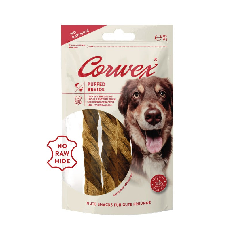 Corwex Hund Puffed Braids Lachs &amp; Ente, Verpackung mit Produkt