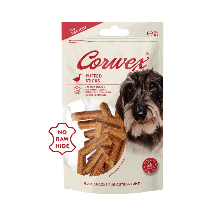 Corwex Hund Puffed Sticks Ente, Verpackung mit Produkt