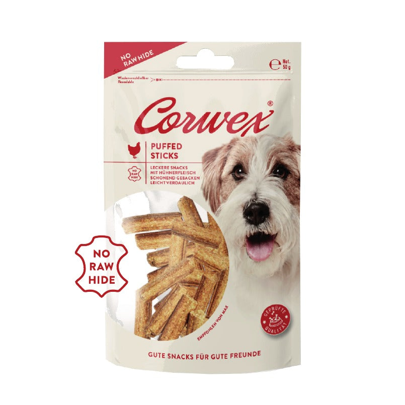 Corwex Hund Puffed Sticks Huhn, Verpackung mit Produkt