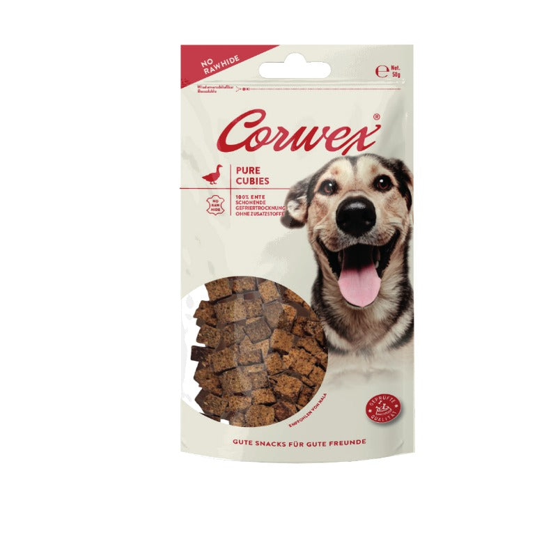 Corwex Hund Pure Cubies Ente, Verpackung mit Produkt