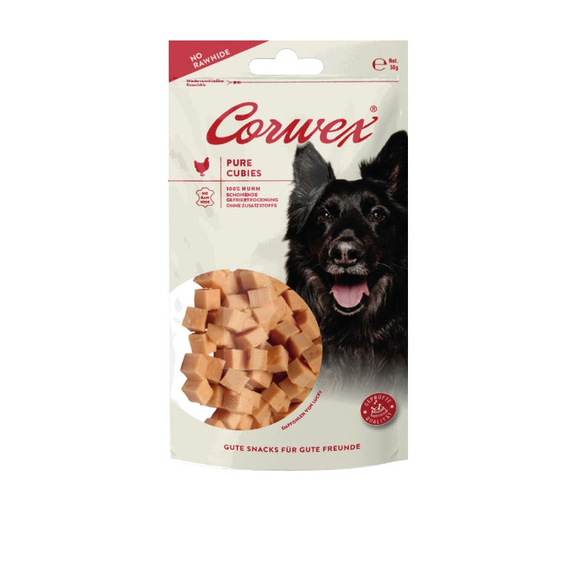 Corwex Hund Pure Cubies Huhn, Verpackung mit Produkt