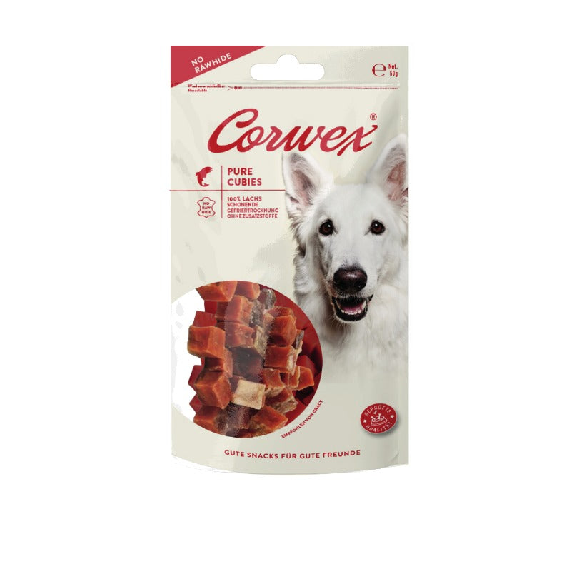 Corwex Hund Pure Cubies Lachs, Verpackung mit Produkt