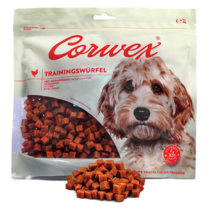 Corwex Hund Trainingswürfel Huhn, Verpackung mit Produkt