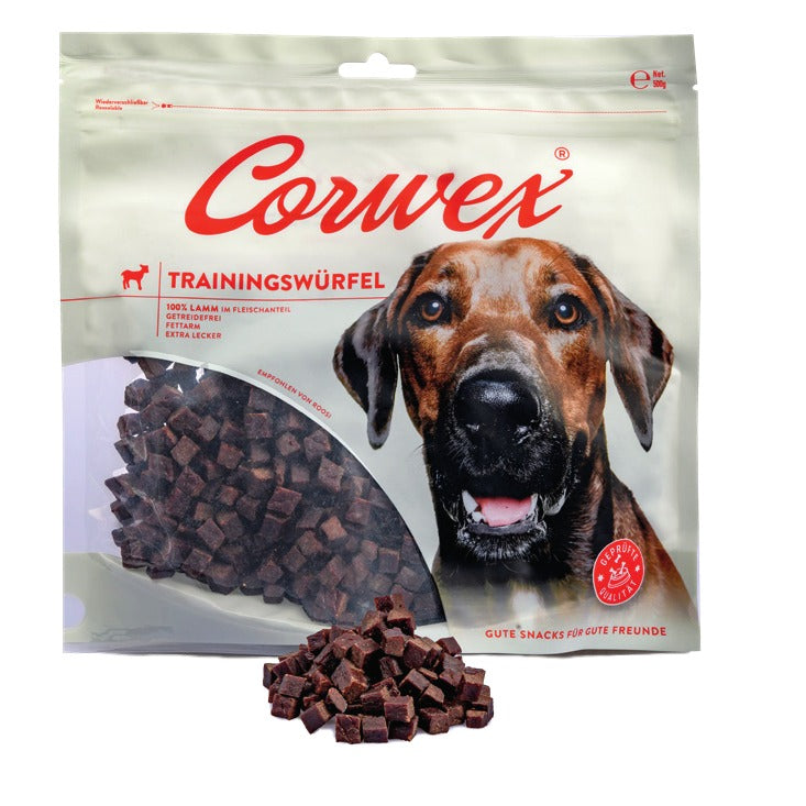 Corwex Hund Trainingswürfel Lamm, Verpackung mit Produkt