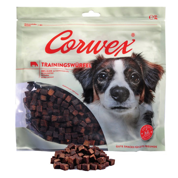 Corwex Hund Trainingswürfel Rind, Verpackung mit Produkt