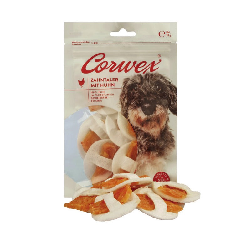 Corwex Hund Zahntaler mit Huhn, Verpackung mit Produkt