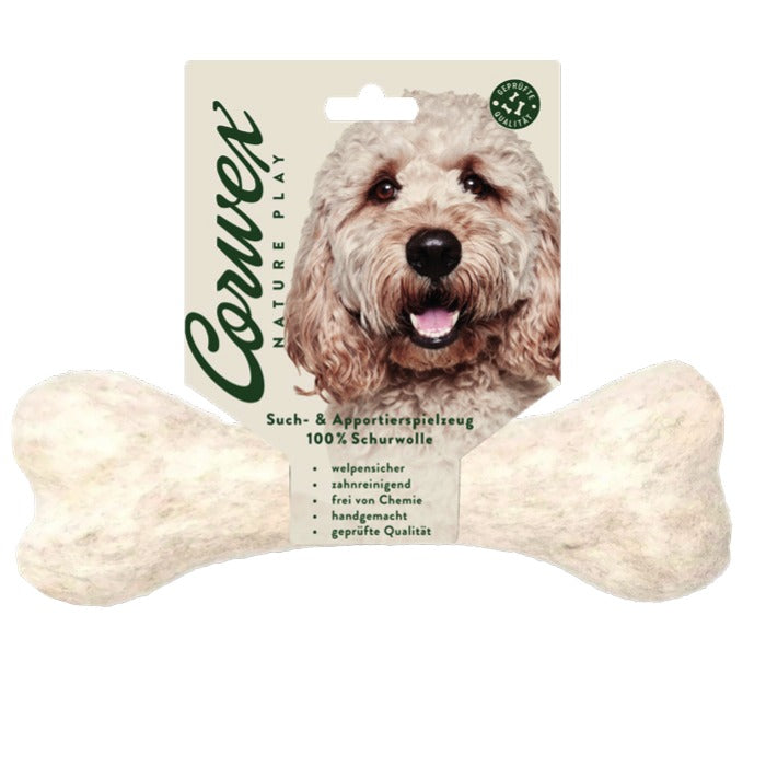 Corwex Nature Play Filzknochen, Farbe weiß, Verpackung mit Produkt