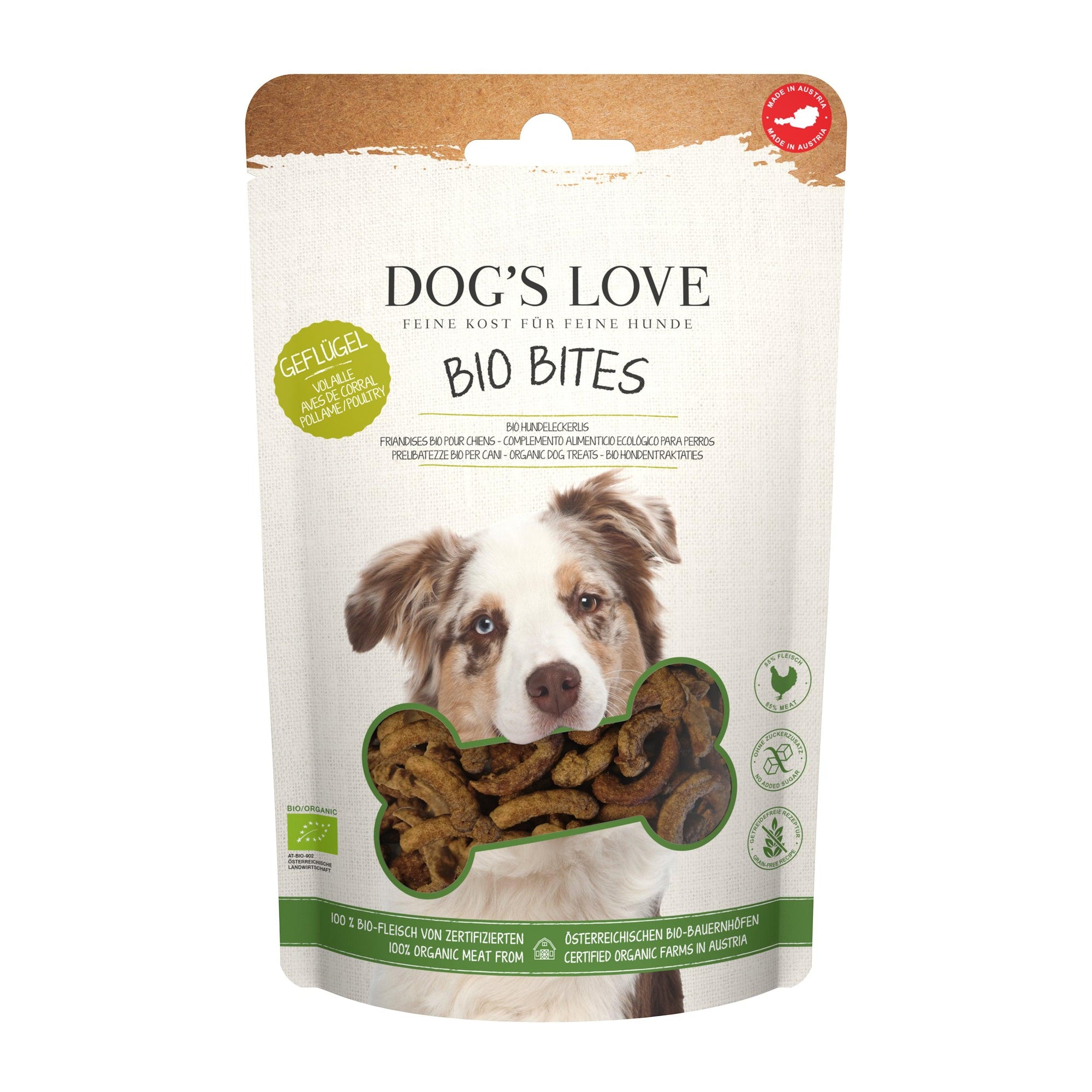 Artikel mit dem Namen DOG'S LOVE Bites BIO Geflügel im Shop von zoo.de , dem Onlineshop für nachhaltiges Hundefutter und Katzenfutter.