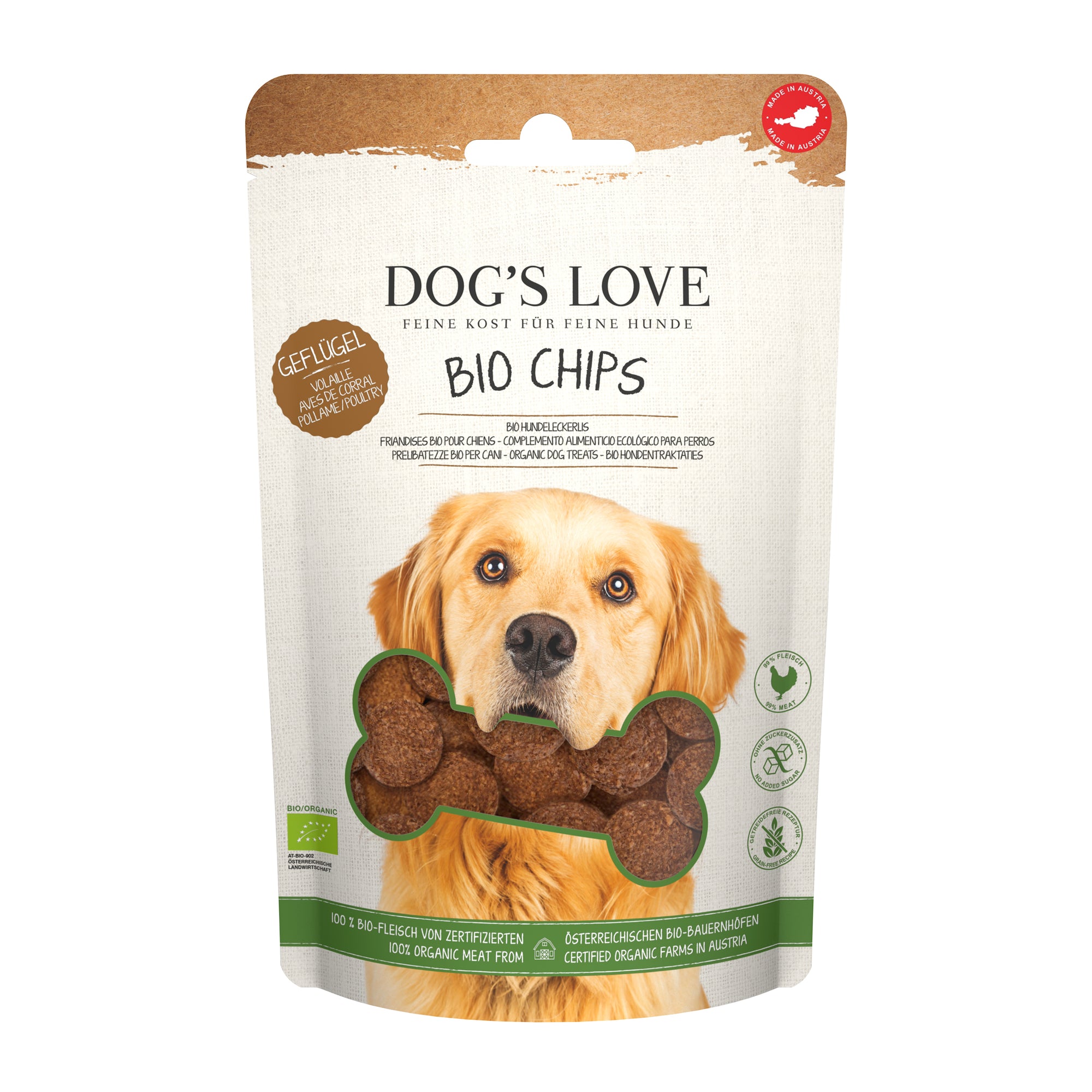 Artikel mit dem Namen DOG'S LOVE Chips BIO Gefügel im Shop von zoo.de , dem Onlineshop für nachhaltiges Hundefutter und Katzenfutter.