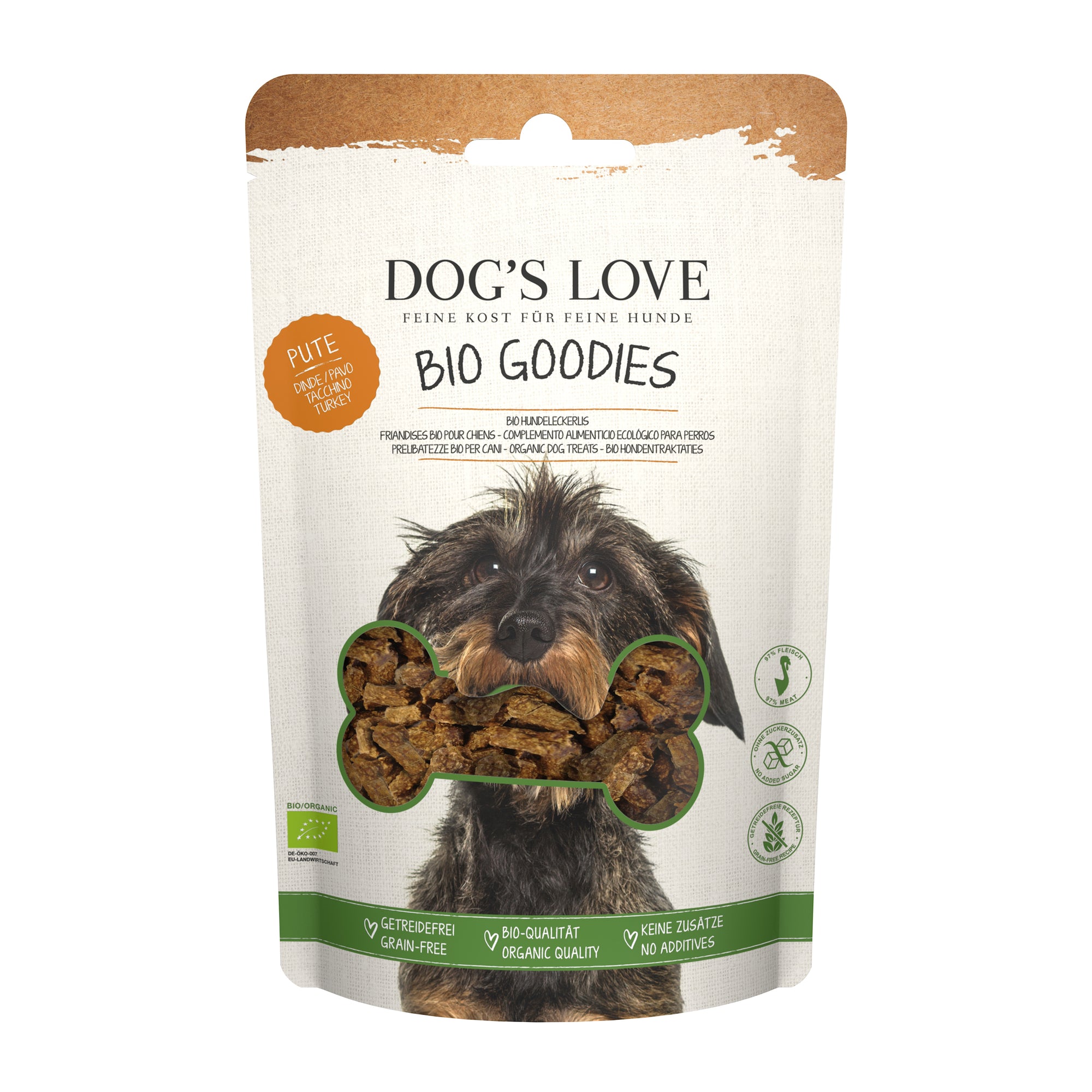 Artikel mit dem Namen DOG'S LOVE Goodies BIO Pute im Shop von zoo.de , dem Onlineshop für nachhaltiges Hundefutter und Katzenfutter.