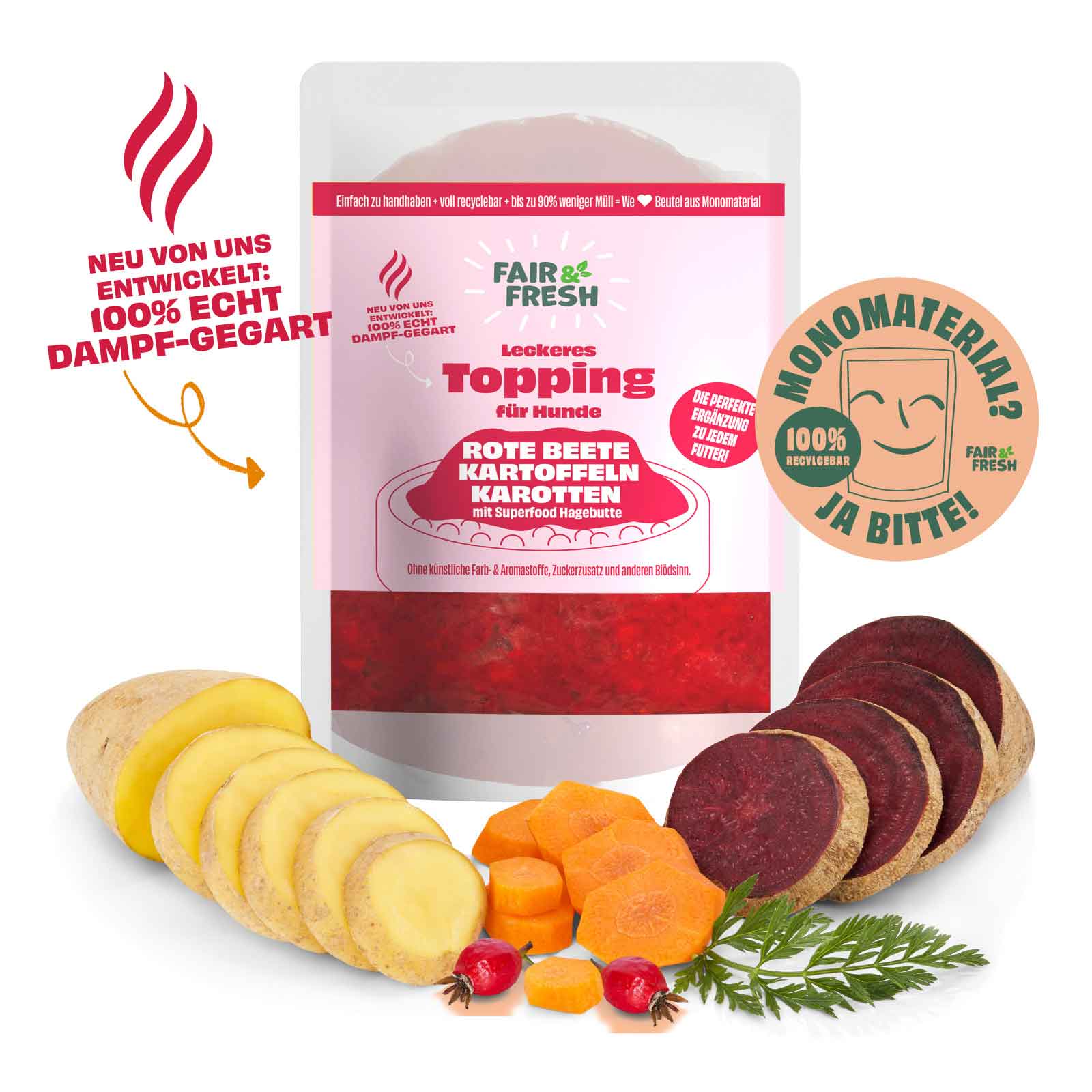 Artikel mit dem Namen FAIR&FRESH Topping Rote Beete,Kartoffel,Karotte im Shop von zoo.de , dem Onlineshop für nachhaltiges Hundefutter und Katzenfutter.